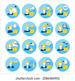 Freelance professions flat icons set. Distance jobs. Online work. Careers concept, Vector illustration