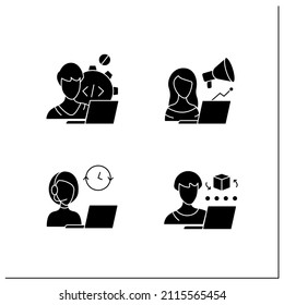 Freelance professions glyph icons set. Web developer, marketologist, admin support, CAD artist. Distance jobs. Online work. Careers concept.Filled flat signs. Isolated silhouette vector illustrations