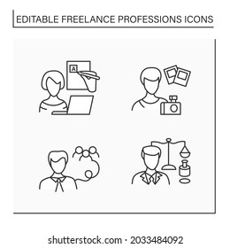 Freelance professions line icons set. Legal services, public relations office, blogger, photographer.Distance jobs. Online work. Careers concept, Isolated vector illustration. Editable stroke