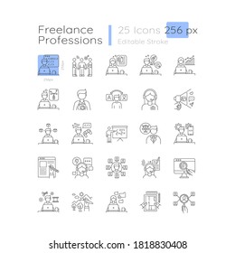 Freelance professions linear icons set. Branding and HR management, data entry jobs. Customizable thin line contour symbols. Isolated vector outline 256 x 256 px illustrations. Editable stroke