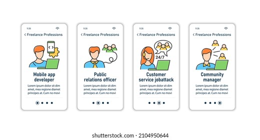 Freelance professions onboarding mobile app screens. Mobile app development, public relations officer, customer service. Careers steps menu. Set of UI, UX, web template with RGB color linear icons