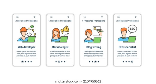 Freelance professions onboarding mobile app screens. Web development, marketologist, blog writing, SEO specialist. Careers steps menu. Set of UI, UX, web template with RGB color linear icons