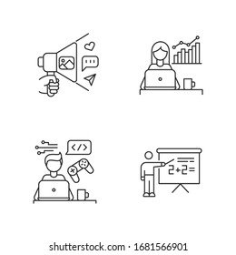 Freelance professions pixel perfect linear icons set. Business promotion and home education. Customizable thin line contour symbols. Isolated vector outline illustrations. Editable stroke