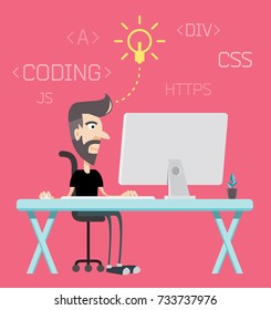 Freelance Programmer Coder Character Dude Work from Home Character and Application on Table Top Computer Vector Art Design Illustration
