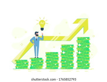 Freelance, a programmer makes money. Office businessman on a pile of coin showing a golden dollar. Credit offer, bank investment or refinancing. Vector flat illustration