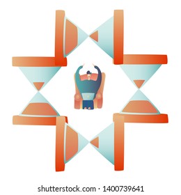 Freelance Programmer Struggling with the Deadline. Lack of Time. Outsource Employee Works on the Laptop. An Alarmed Worker inside Hourglass Rushes to Finish the Project. Vector Art Design Illustration