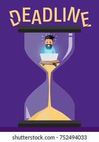 Freelance Programmer Struggling with the Deadline. Lack of Time. Outsource Employee Works on the Laptop. An Alarmed Worker inside Hourglass Rushes to Finish the Project. Vector Art Design Illustration