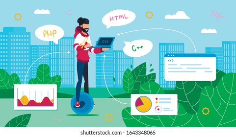 Freelance Programmer Work Trendy Flat Vector Concept. Freelance Software Developer Using Laptop, Working on Project, Writing Code While Riding on Self-Balancing Unicycle in City Park Illustration