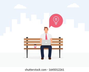 A freelance programmer working on a bench. Businessman working with laptop sitting on the bench. Concept illustration for working, freelancing, studying, education, work at the park.