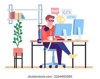 Freelance programmer working on his project from home. Developer remote job. Freelancer programming software. Man sitting at table. Digital code. Comfortable workplace