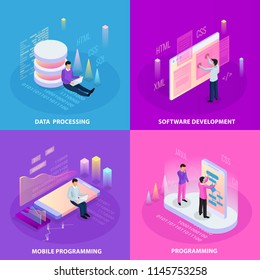 Freelance programming isometric 2x2 design concept with human icons and infographic images with editable text captions vector illustration