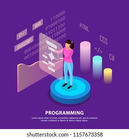 Freelance programming isometric background composition with infographic images people characters and editable text with colourful images vector illustration