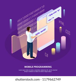 Freelance programming isometric background composition with human character and interactive interface with infographic icons and text vector illustration