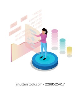 Freelance programming isometric concept with female programmer character using interactive screen 3d vector illustration