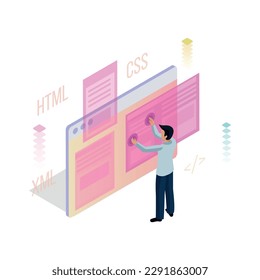 Freelance programming isometric concept with human character of programmer coding on interactive screen vector illustration