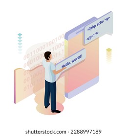 Freelance programming isometric concept with programmer writing script 3d vector illustration