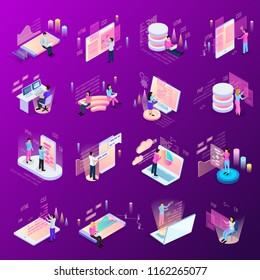 Freelance programming isometric icons set of isolated human characters and modern interfaces with infographic icons vector illustration Freelance programming isometric icons set of isolated human characters and modern interfaces with infographic icons vector illustration