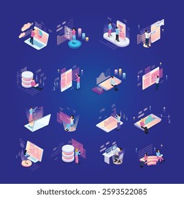 Freelance programming isometric icons set of isolated human characters and modern interfaces with infographic icons