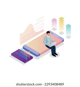 Freelance programming script coding isometric concept with male programmer at work vector illustration