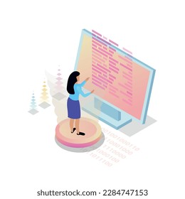 Freelance programming web development concept with female programmer writing code on computer isometric vector illustration