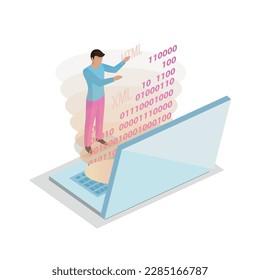 Freelance programming web development isometric concept with programmer writing code on laptop vector illustration