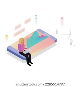 Freelance programming web development isometric concept with tiny character of female programmer 3d vector illustration