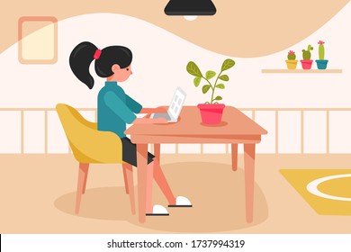 Freelance, quarantine, work, business concept. Young woman or girl freelancer dressed in domestic clothes working at home with laptop remotely. Online study and education during coronavirus lockdown.