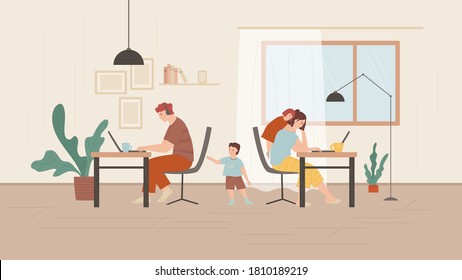 Freelance and remote job concept. Mother and father working from home with kids. Children require attention from parents. Unhappy family. Self employed character. Vector illustration in flat style. 