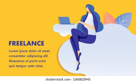 Freelance, Remote Job Flat Banner Vector Template. Freelancer Working with Laptop Cartoon Character. Internet, Cloud Technology. Programming, Web Development Illustration with Text Space