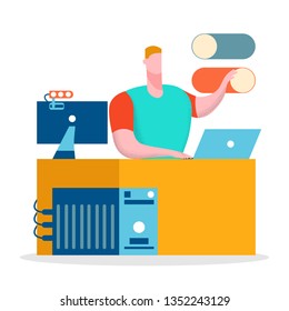 Freelance, Remote Job Flat Vector Illustration. Young Man in T shirt behind Desktop Cartoon Character. Freelancer working with Laptop and Switch Button. Guy making Cross platform Adjustments