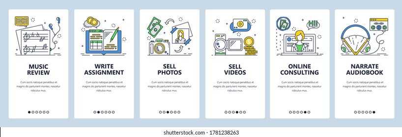 Freelance and remote online work from home office. Jobs for remote workers. Mobile app onboarding screens. Vector banner template for website and mobile development. Web site design illustration.