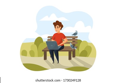 Freelance, remote work, business concept. Young businessman man or boy freelancer cartoon character sitting on bench in park and working remotely. Preparation to exams or social media communication.