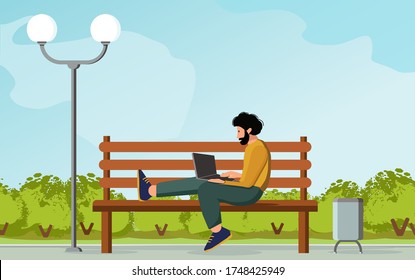 Freelance, remote work, business concept. Man using laptop computer on street bench, mock up screen. Adult male blogger, working anywhere away from office on park. Vector flat cartoon illustration.