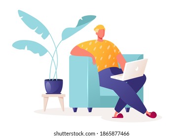 Freelance remote work concept. Flat cartoon young businessman, creative designer, programmer, outsourcing employee sitting on chair working on laptop at home or in co working space using smart device