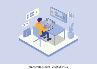 Ilustração de vetor plano isométrico do conceito de trabalho remoto Freelance do homem que trabalha no laptop no escritório doméstico