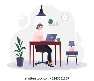 Freelance or remote work concept. Woman sitting at her workplace at home and working on laptop. Female character performs project sitting in apartment. Home office. Cartoon flat vector illustration