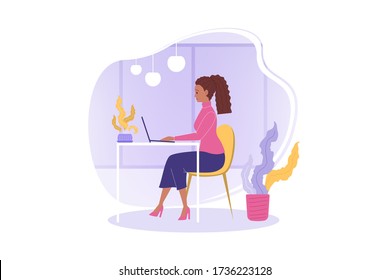 Freelance, remote work concept. Young businesswoman employee freelancer working on laptop at home remotely. Girl clerk manager character sitting on workplace at office or cafe flat vector illustration