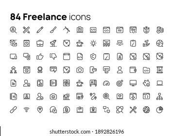 Freelance and remote work. High quality concepts of linear minimalistic flat vector icons set for web sites, interface of mobile applications and design of printed products.