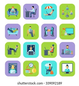 Freelance remote work at home or anywhere and anytime flat color icon set isolated vector illustration 
