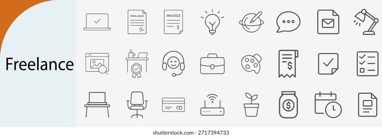 conjunto de ícones de linha de trabalho freelance e remoto, nômade digital vetor plano e símbolos de negócios on-line