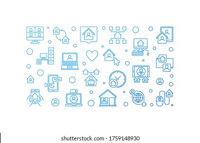 Freelance and Remote Work outline vector blue concept horizontal illustration on white background