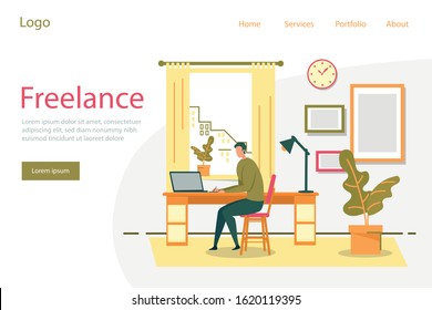 Freelance, Remote Work and Outsourcing Staff with Man Cartoon Character Working Distance on Laptop at Home. Employment for Creative Professions, Designers and Programmers. FLat Vector Illustration.