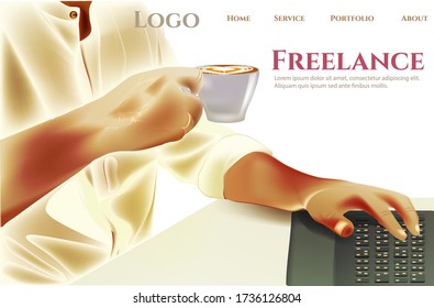 Freelance, Remote Work and Outsourcing Staff with man Character Working Distance on Laptop. Employment for Creative Professions, Designers, Programmers. Vector EPS10 isolated on white background.