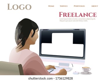 Freelance, Remote Work and Outsourcing Staff with woman Character Working Distance on Laptop. Employment for Creative Professions, Designers, Programmers. Vector EPS10 isolated on white background.