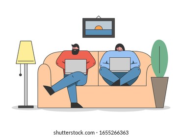 Freelance, Remote Work And Self-Employment Concept. Busy Freelance People Or Businessmen Are Working On Laptops Sitting On The Sofa At Home. Cartoon Linear Outline Style. Vector Illustration