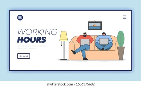 Concepto De Trabajo Independiente, Trabajo Remoto Y Empleo Por Cuenta Propia. Página de inicio del sitio web. Ocupados Trabajadores Independientes En Portátiles Sentados En El Sofá. Estilo plano de contorno lineal de dibujo.  Ilustración vectorial