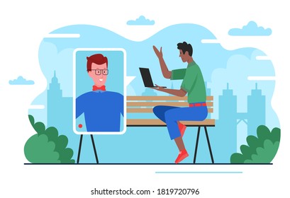 Freelance remote work vector illustration. Cartoon flat happy man freelancer worker character sitting on city park bench with laptop, working, meeting online with colleague or boss isolated on white