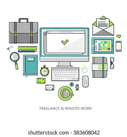 Freelance and remote work - vector illustration linear flat style color. Workplace outsorse worker, designer, manager of a top view