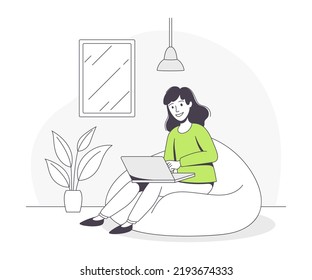 Freelance Remote Work with Young Woman Sitting on Beanbag with Laptop at Home Outline Vector Illustration