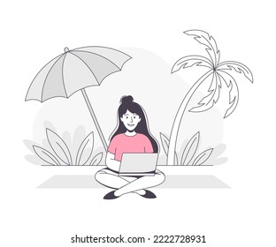 Freelance Remote Work with Young Woman Sitting on Beach with Laptop Outline Vector Illustration